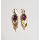 Pair Victorian gold-coloured metal, enamel and purple stone drop earrings, Etruscan-style, the