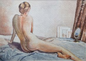 O. W. Dale (20th century) Watercolour Female nude seated on a bed, signed and dated '85 lower right,