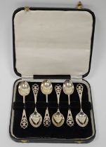 Set of six silver teaspoons by Francis Howard Ltd, Sheffield 1955, the terminals with pierced