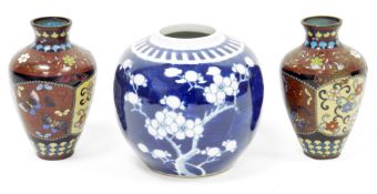Pair of Japanese cloisonne Meiji period (1868-1912) enamel small oviform vases, each decorated