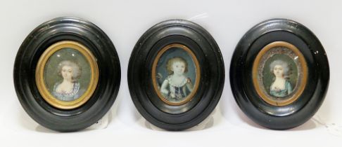 Three late 18th French School portrait miniatures on ivory Each in watercolour on oval ivory plaque,