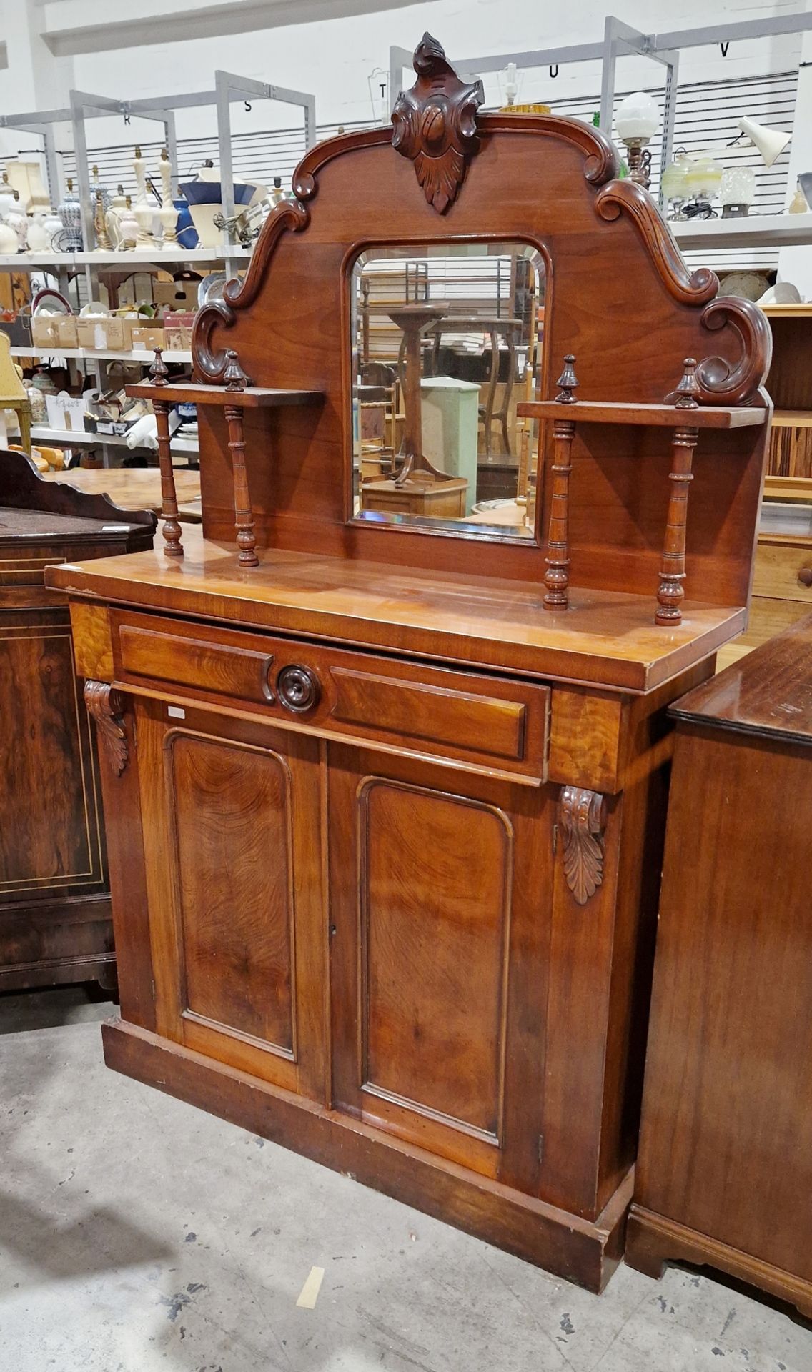 Victorian mahogany chiffonier with bevelled edge mirror back and a single long drawer, over a two- - Image 2 of 2