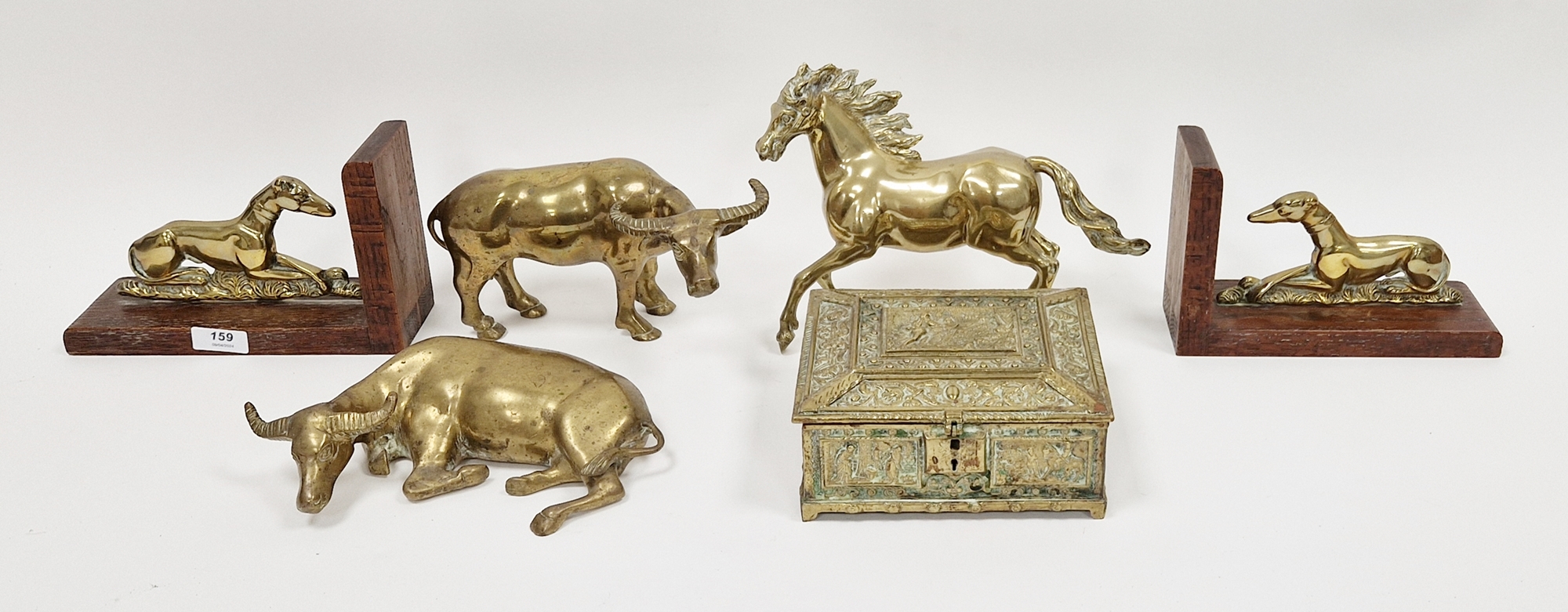 Various brass items to include a pair of bookends fitted with brass models of  greyhounds, two brass