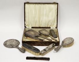 Four-piece silver-backed dressing table set by W I Broadway & Co, Birmingham 1947, comprising