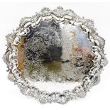 Large Victorian silver plated circular tray, foliate and floral engraved, ornate foliate border,