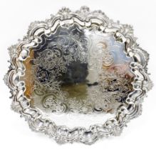 Large Victorian silver plated circular tray, foliate and floral engraved, ornate foliate border,