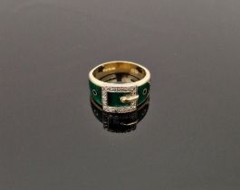 LOT WITHDRAWN 18ct gold, diamond and enamel belt-pattern ring set small diamonds to the buckle, on