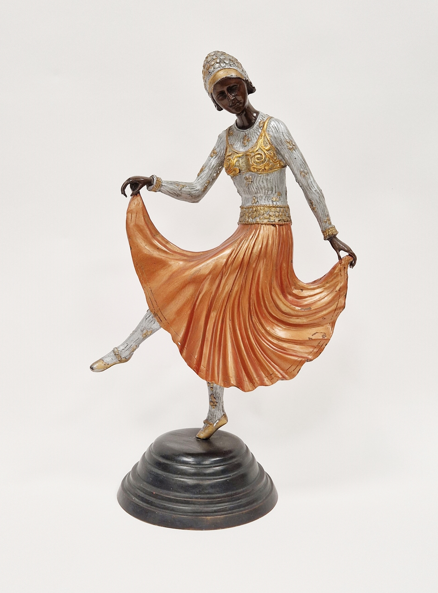 Art Deco figure of a dancing girl, patinated and painted brass, possibly American, again gilded - Image 2 of 2