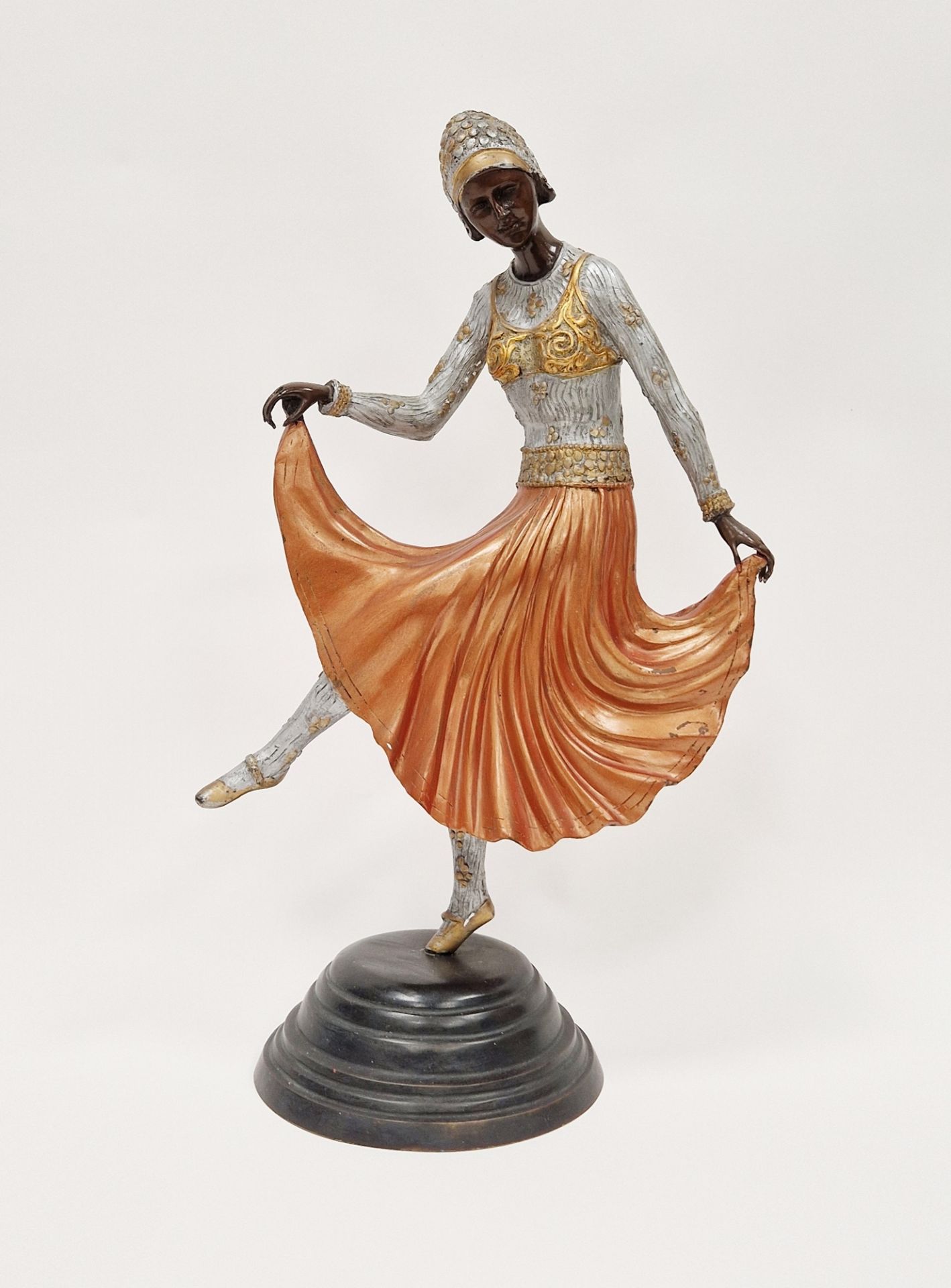 Art Deco figure of a dancing girl, patinated and painted brass, possibly American, again gilded - Image 2 of 2
