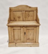 19th century pine hall seat raised over a two-door cupboard, 98cm high x 73cm wide x 42cm deep