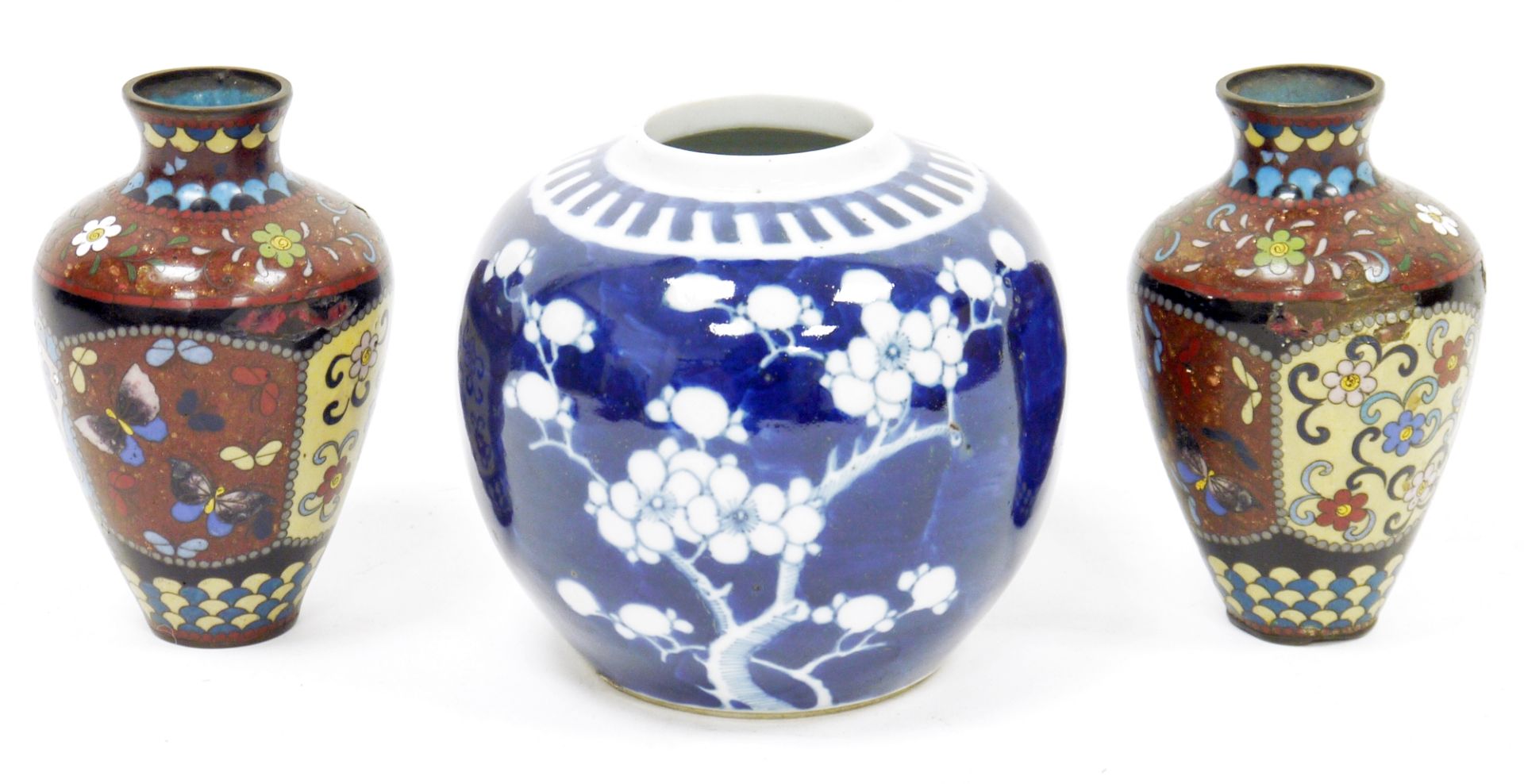 Pair of Japanese cloisonne Meiji period (1868-1912) enamel small oviform vases, each decorated - Image 2 of 2