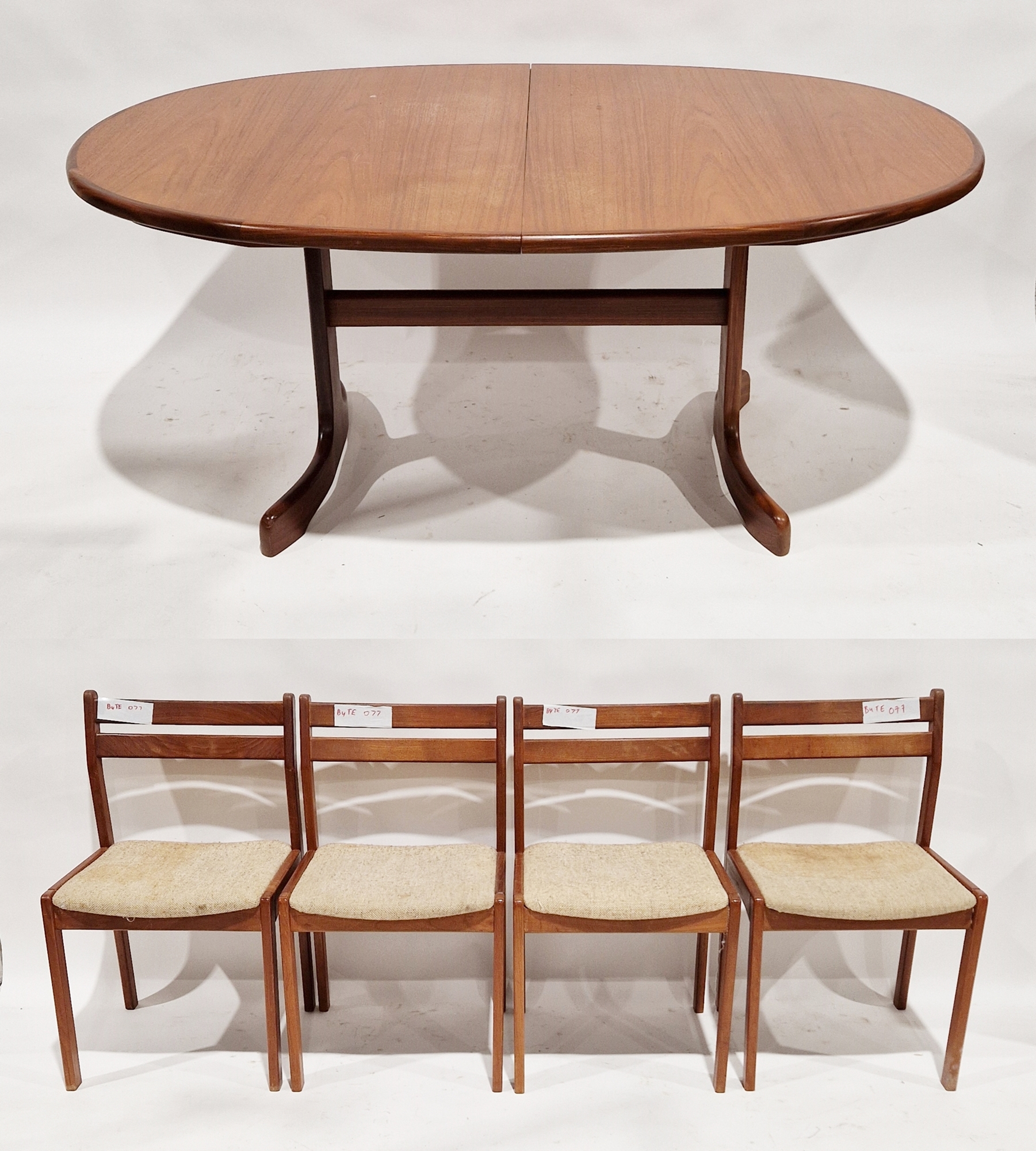 G Plan "Fresco" teak mid century D-end dining table and four chairs, the table with flip-up centre