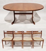 G Plan "Fresco" teak mid century D-end dining table and four chairs, the table with flip-up centre