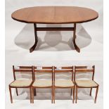 G Plan "Fresco" teak mid century D-end dining table and four chairs, the table with flip-up centre