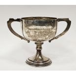 George V silver two-handled trophy, hallmarked Birmingham, 1930, indistinct makers marks, engraved