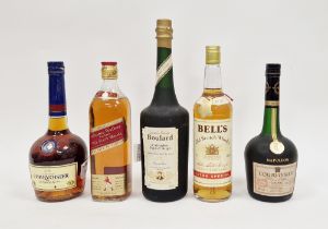 Five bottles of assorted spirits to include Courvoisier VS, Courvoisier Napoleon, Johnnie Walker Red