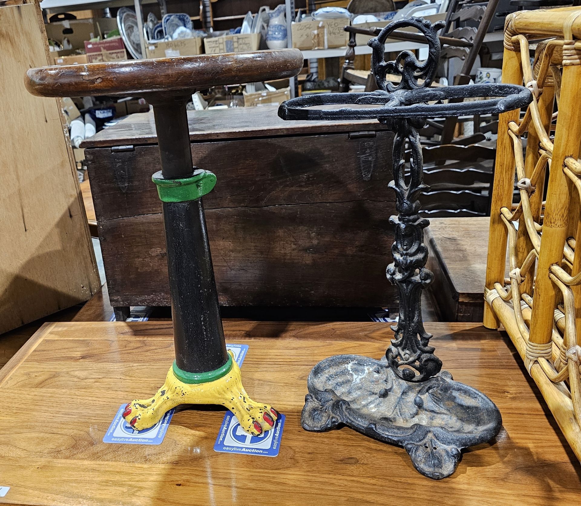 Early to mid 20th century cast iron mahogany topped machinist's stool having three yellow painted