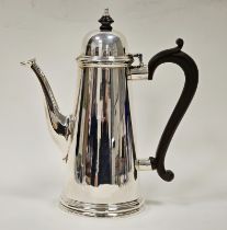 Silver coffee pot, having domed lid with ebonised finial and scroll handle, tapered circular body,