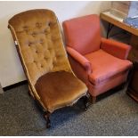 Victorian mahogany slipper chair with button back, upholstered in brown fabric with gold trim,