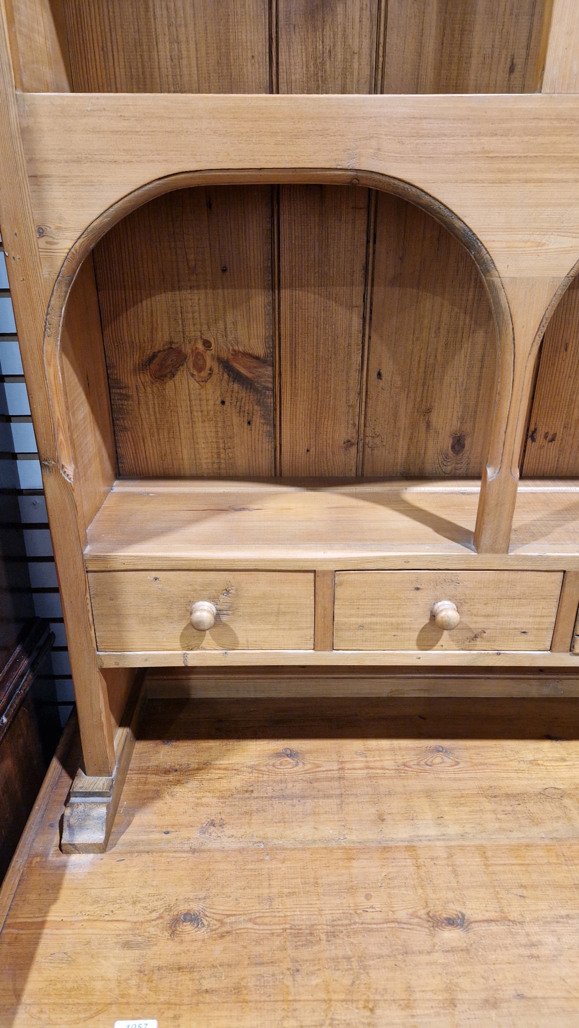 19th century pine kitchen dresser, the top section with two plateracks and five short drawers, the - Image 7 of 17