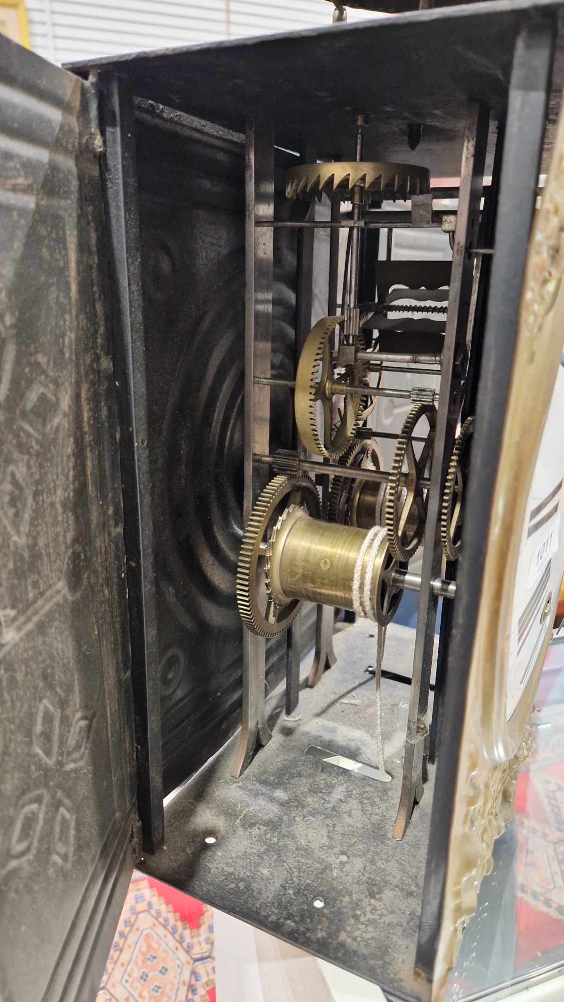 19th century French comtoise clock, the white enamel convex dial with roman numerals surrounded by - Image 3 of 7