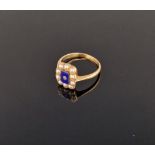 Victorian gold-coloured metal, enamel, pearl and diamond ring, the rectangular enamel centre set