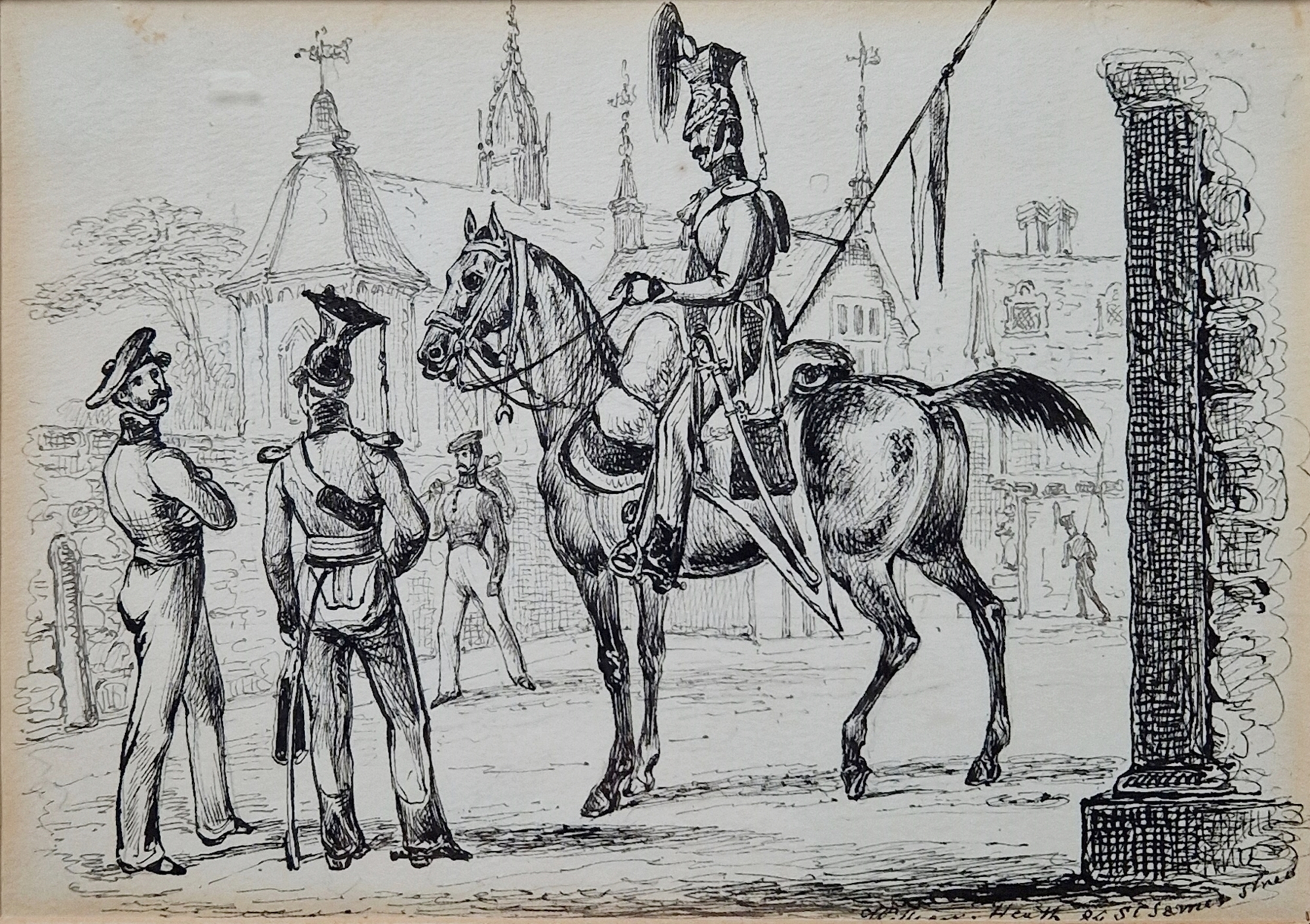 William Heath (1794/95-1840) Pen and ink drawing on paper Mounted cavalry officer talking to