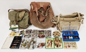 Collection of boxed fishing flies, a Hardy's (Alnwick) MKII fishing reel, assorted lures, bags and