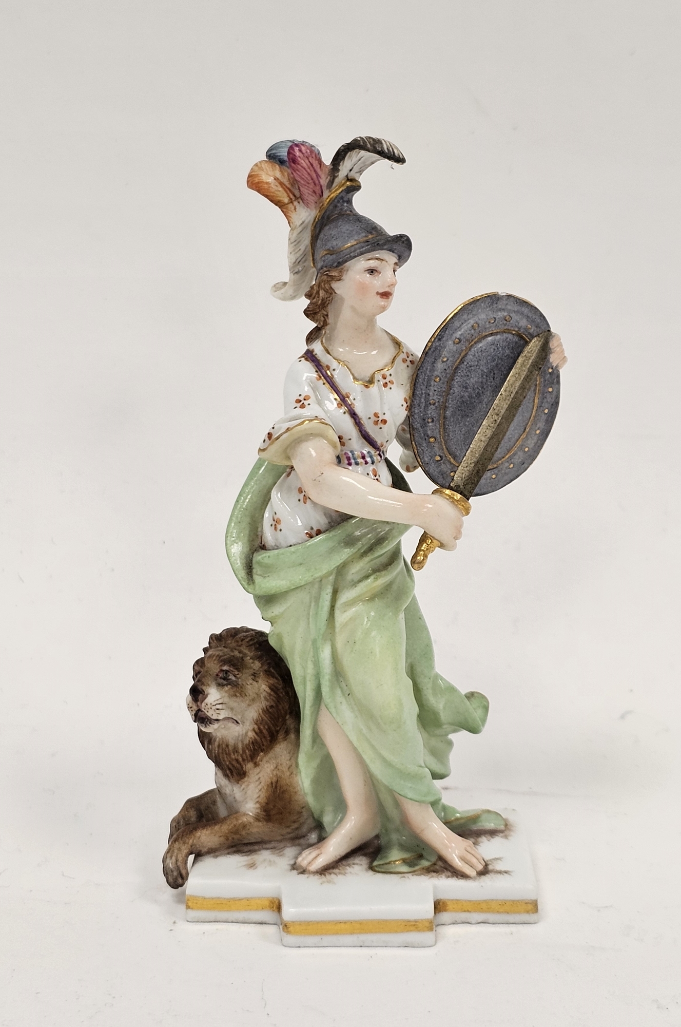 Late 19th century Meissen miniature mythological figure, she modelled in plumed helmet holding sword