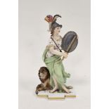 Late 19th century Meissen miniature mythological figure, she modelled in plumed helmet holding sword