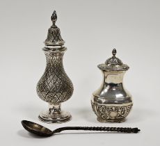 Silver pepperette, Chester 1899, a silver plated sugar caster and one other item (3)