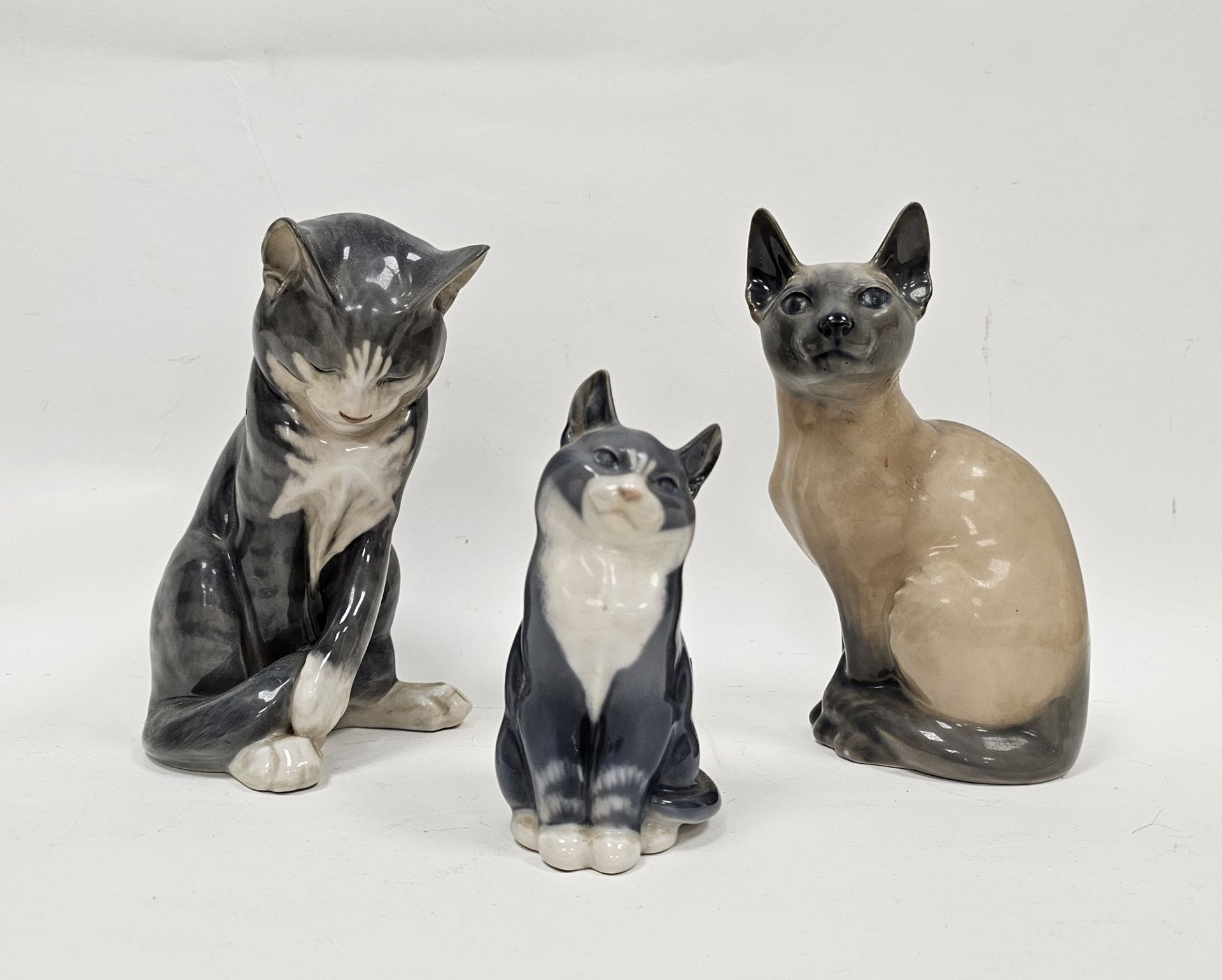 Three Royal Copenhagen porcelain models of cats, each modelled seated, one modelled as a Siamese,