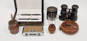 Vintage leather cased tape measure marked 'Dean Maker London', a cased medicine glass 'Minimum