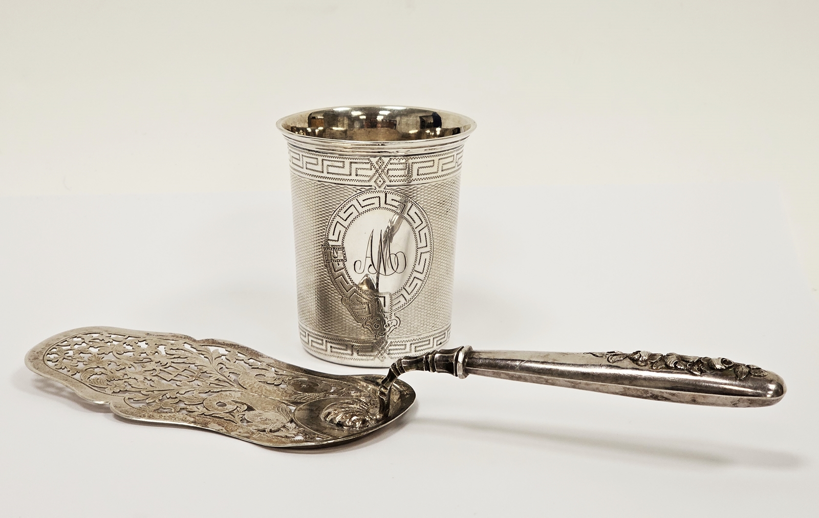 19th century German silver beaker of plain form with engraved Greek Key decoration, monogrammed,