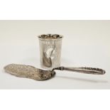19th century German silver beaker of plain form with engraved Greek Key decoration, monogrammed,