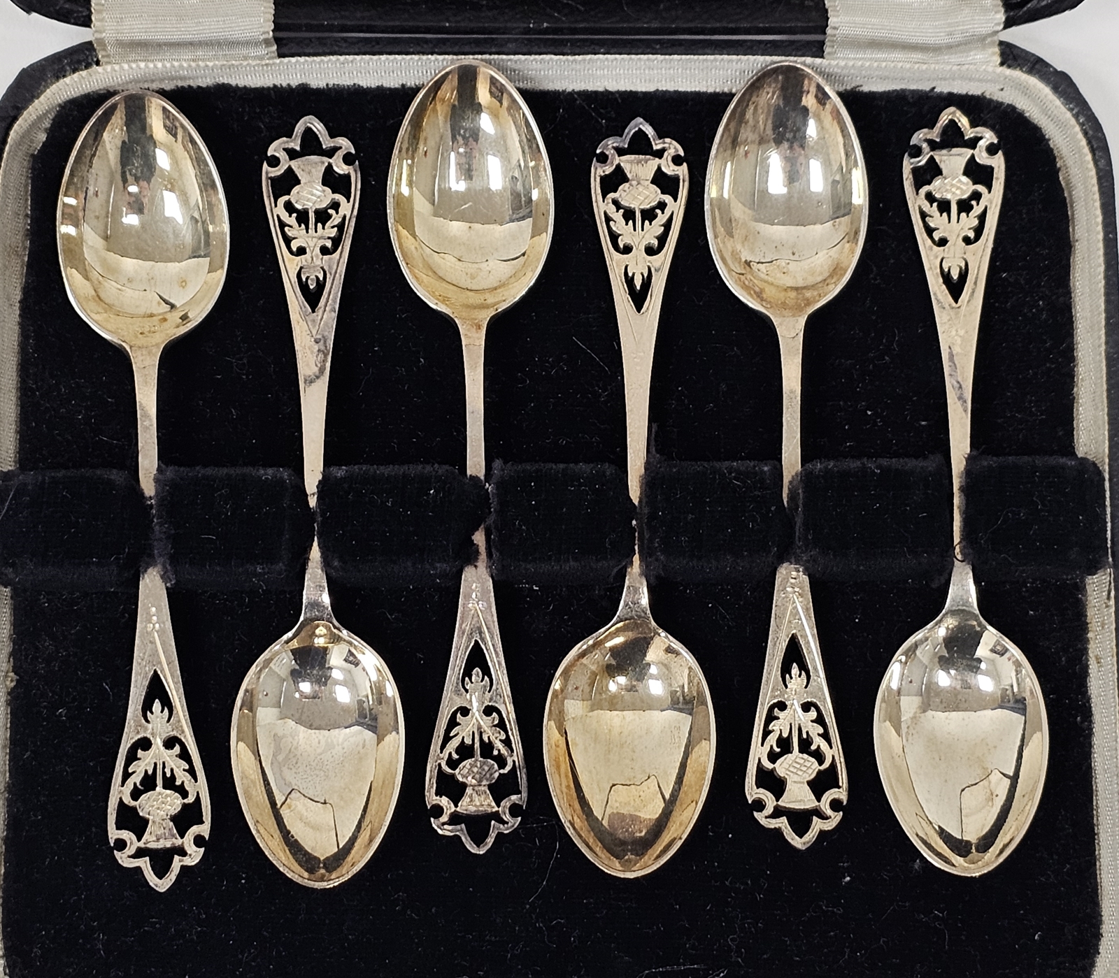 Set of six silver teaspoons by Francis Howard Ltd, Sheffield 1955, the terminals with pierced - Image 2 of 3