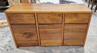 Modern stained hardwood sideboard comprising three short drawers and three cupboards, 85cm high x