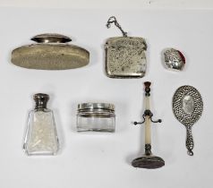 A collection of silver items, including a modern silver pin cushion, in the form of a chick hatching