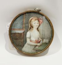 Late 18th/early 19th Century French School Portrait miniature of a young lady playing cards