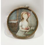 Late 18th/early 19th Century French School Portrait miniature of a young lady playing cards