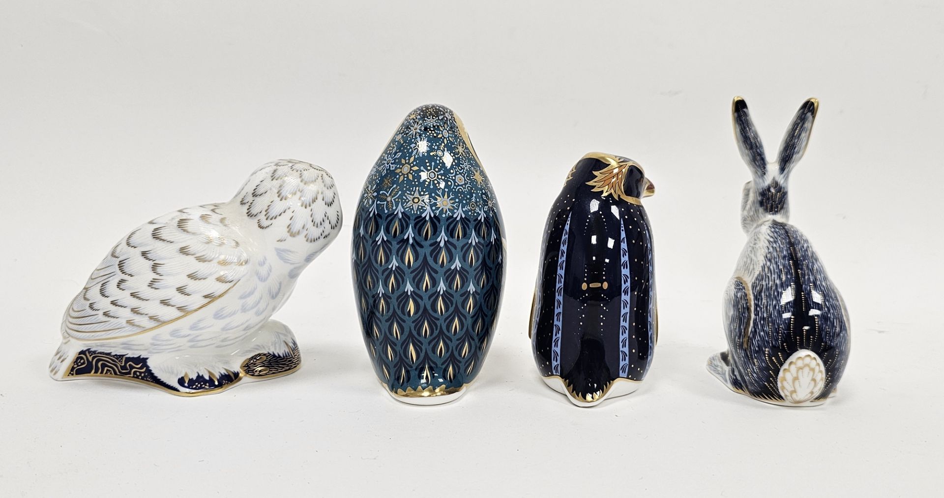 Four Royal Crown Derby bone china animal paperweights, comprising snowy owl, rockhopper penguin, - Image 2 of 4