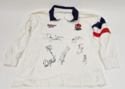 Mid 1990's signed England Scrumpy Jack rugby shirt signed by Rob Andrew and other signatures, size