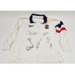 Mid 1990's signed England Scrumpy Jack rugby shirt signed by Rob Andrew and other signatures, size