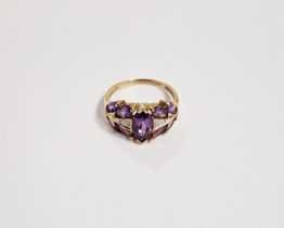 9ct gold, purple and white stone ring set nine marquise cut purple stones and small diamonds