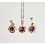 9ct gold and amethyst pendant on chain, the oval stone with scroll surround and matching pair