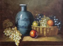 20th century school Oil on canvas Still life with vase and fruit, indistinctly signed lower right,