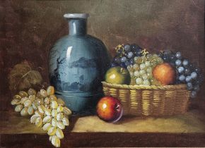 20th century school Oil on canvas Still life with vase and fruit, indistinctly signed lower right,