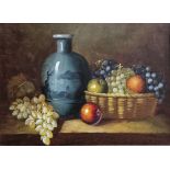 20th century school Oil on canvas Still life with vase and fruit, indistinctly signed lower right,