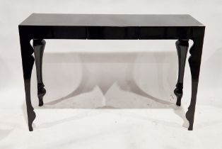 Modern black lacquered hall table of rectangular form, with three short drawers to the front, 81cm