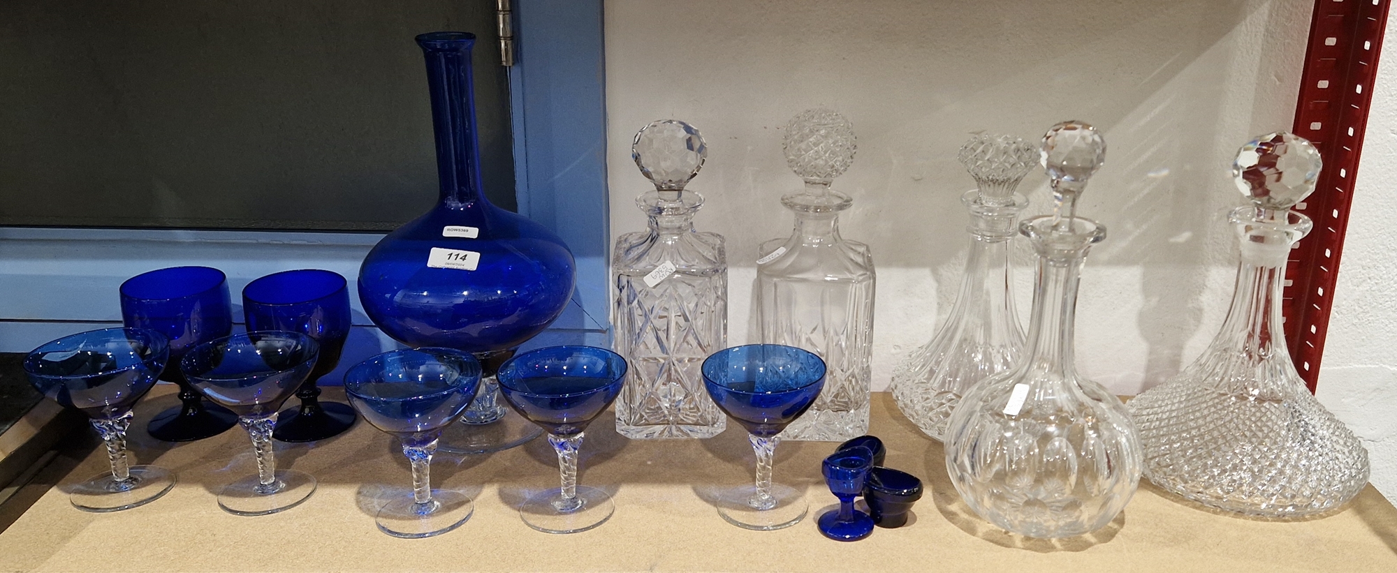 Collection of blue tinted and cut glassware, including: a blue ewer on lobed spirally moulded stem - Image 2 of 3